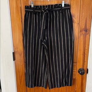 Jjill Linen Stretch Cropped Pull On Pant Black Tan Striped Belted petite medium
